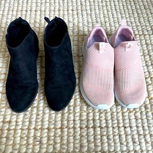 Size 4 big kids shoes - pink sketchers memory foam and black suede boots